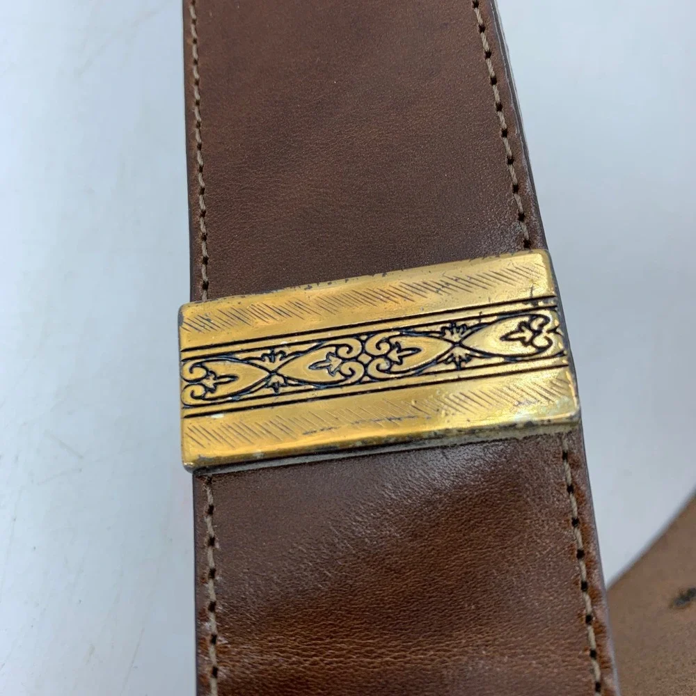 Vtg 90s Brighton Leather Belt Gold Buckle USA Large Southwestern Cowgirl Boho